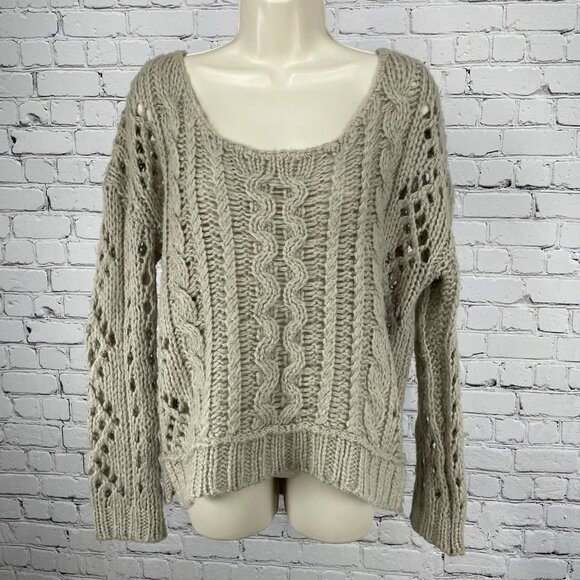 Free People Beige Wool Mohair Blend Oversized Chunky Open Knit Sweater Size XS - Picture 1 of 13